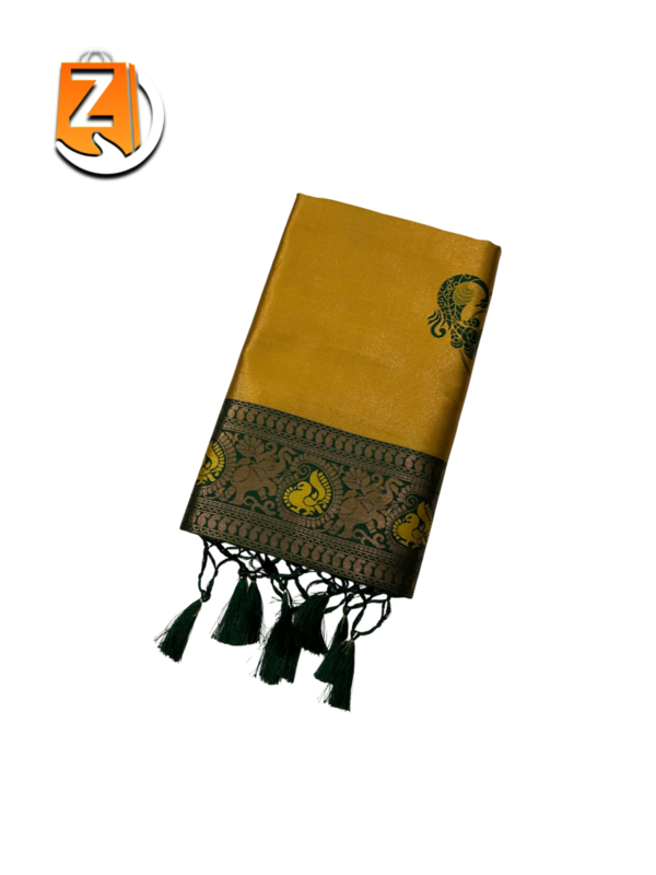 Antique Gold & Dark Green Kanjivaram Style Brocade Silk Saree with Tassels