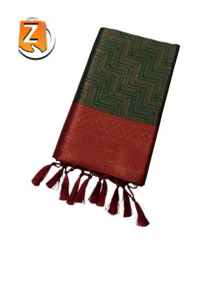 Dark Green Tassel Saree with Maroon Zari Border