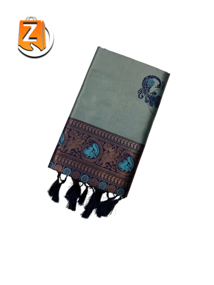 Steel Grey & Navy Blue Kanjivaram Style Brocade Silk Saree with Tassels