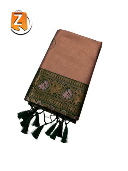 Rose Gold & Green Kanjivaram Style Brocade Silk Saree with Tassels