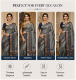 Steel Grey & Navy Blue Kanjivaram Style Brocade Silk Saree with Tassels | Elegant Party & Festive Wear Saree - Image 5