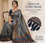 Steel Grey & Navy Blue Kanjivaram Style Brocade Silk Saree with Tassels | Elegant Party & Festive Wear Saree