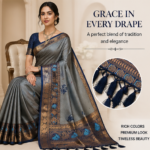 Steel Grey & Navy Blue Kanjivaram Style Brocade Silk Saree with Tassels | Elegant Party & Festive Wear Saree