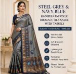 Steel Grey & Navy Blue Kanjivaram Style Brocade Silk Saree with Tassels | Elegant Party & Festive Wear Saree - Image 3