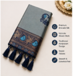 Steel Grey & Navy Blue Kanjivaram Style Brocade Silk Saree with Tassels | Elegant Party & Festive Wear Saree - Image 2