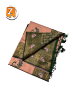 Rose Gold & Green Kanjivaram Style Brocade Silk Saree with Tassels