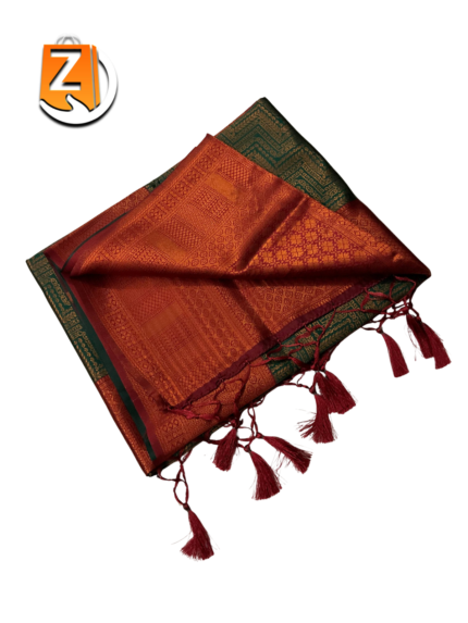 Dark Green Tassel Saree with Maroon Zari Border