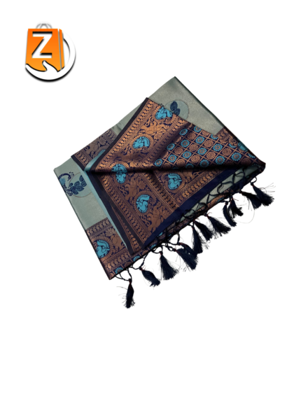 Steel Grey & Navy Blue Kanjivaram Style Brocade Silk Saree with Tassels