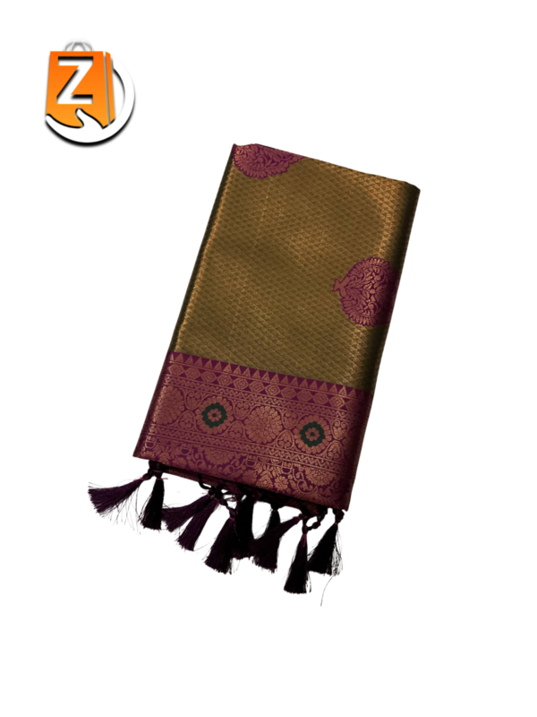 Antique Olive Gold & Purple Kanjivaram Style Brocade Silk Saree with Tassels