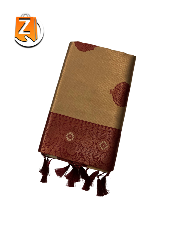 Beige Gold & Maroon Kanjivaram Style Brocade Silk Saree with Tassels
