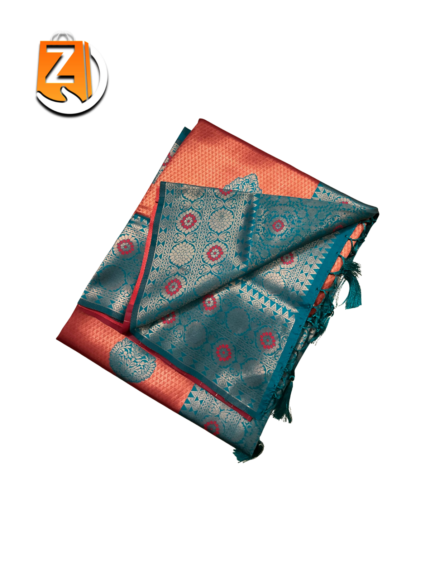 Rust Orange & Teal Green Kanjivaram Style Brocade Silk Saree
