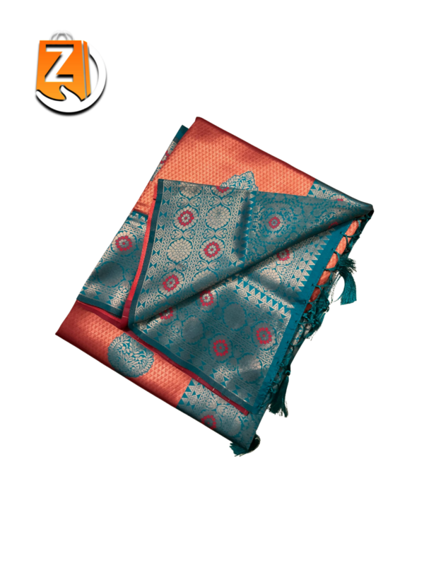 Rust Orange & Teal Green Kanjivaram Style Brocade Silk Saree