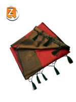 Red Silk Tassel Saree with Green Zari Border
