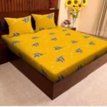 HOMDAZAL Cotton King Fitted (Elastic) 144 TC Geometric Bedsheet (Pack of 1, Mustard Print)