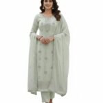 Women’s Light Green Jarkan Embroidered Salwar Kameez Set – Sequin Work Traditional Ethnic Wear with Dupatta (Unstitched)