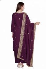 Women’s Purple Embroidered Kashmiri Salwar Suit Set with Dupatta – Gold Embellished Traditional Ethnic Wear (Unstitched) - Image 2