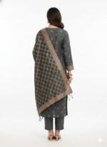 Women’s Grey Banarasi Work Kurta Set with Dupatta – Traditional Ethnic Wear Long Sleeve Tunic with Pants (Unstitched) - Image 2
