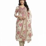 Women’s Beige Floral Printed Salwar Suit Set with Pink Embroidery – Kurta Pant Dupatta | Traditional Ethnic Wear (Unstitched)