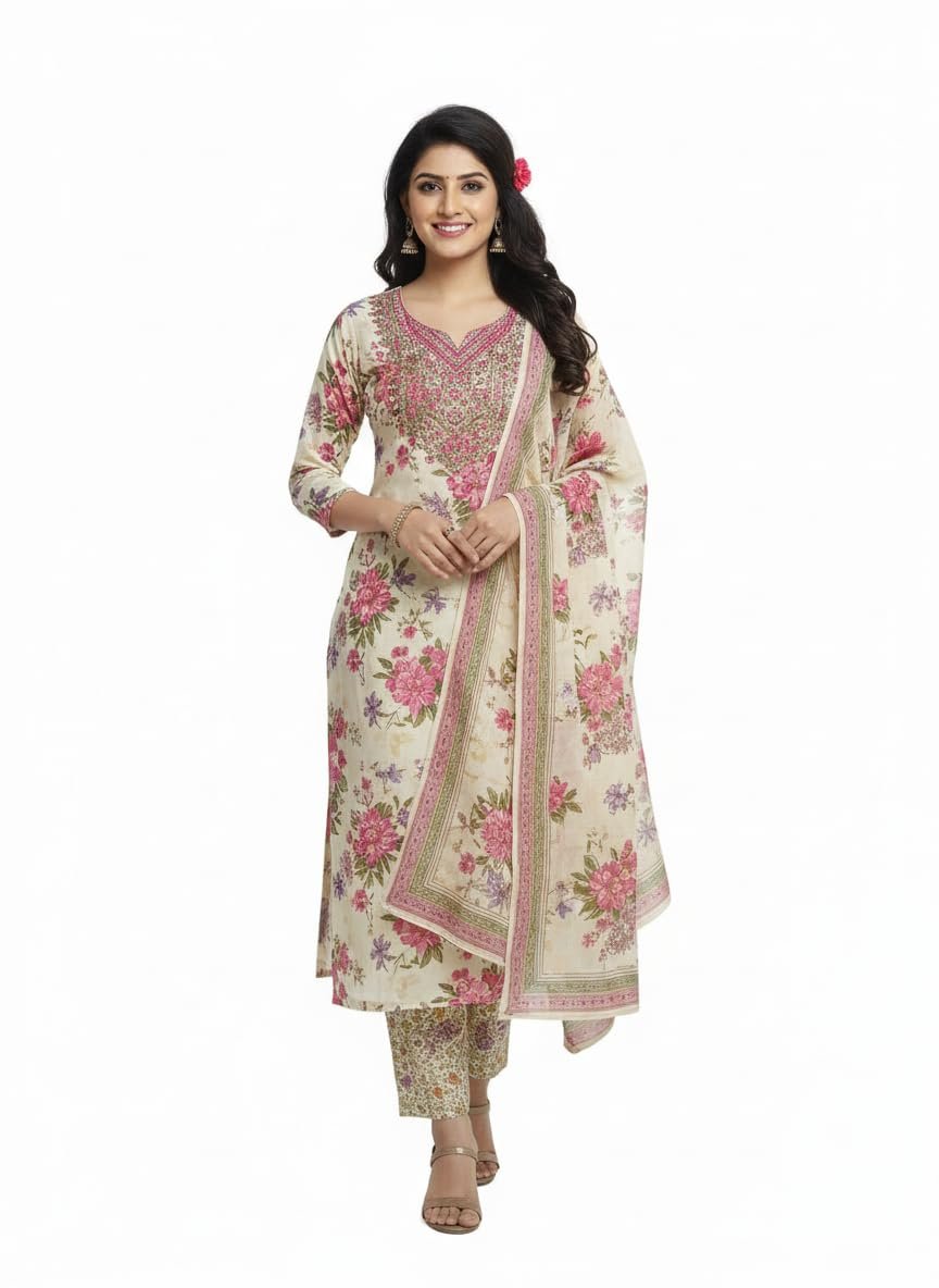 51F2NOQV1BL.jpg Women’s Beige Floral Printed Salwar Suit Set with Pink Embroidery – Kurta Pant Dupatta | Traditional Ethnic Wear (Unstitched) - Image 1