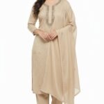 Women’s Embroidered Salwar Suit Set Beige – Sequin Work Anarkali Kurta with Dupatta & Pants | 3 Piece Ethnic Wear (Unstitched)