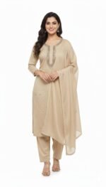 Women’s Embroidered Salwar Suit Set Beige – Sequin Work Anarkali Kurta with Dupatta & Pants | 3 Piece Ethnic Wear (Unstitched)