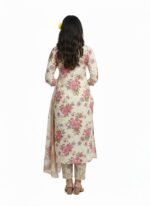 Women’s Beige Floral Printed Salwar Suit Set with Pink Embroidery – Kurta Pant Dupatta | Traditional Ethnic Wear (Unstitched) - Image 2