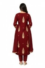 Women Maroon Embroidered Kurta Set with Golden Zari Work – Straight Cut Ethnic Wear with Matching Pants (Unstitched) - Image 2