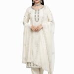 Women’s Off-White Embroidered Salwar Suit Set – Sequin Work Long Kurta with Pants & Dupatta | 3-Piece Ethnic Wear (Unstitched)