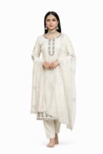 Women’s Off-White Embroidered Salwar Suit Set – Sequin Work Long Kurta with Pants & Dupatta | 3-Piece Ethnic Wear (Unstitched)