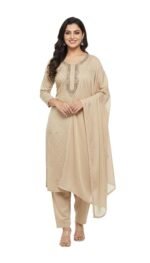 Women’s Embroidered Salwar Suit Set Beige – Sequin Work Anarkali Kurta with Dupatta & Pants | 3 Piece Ethnic Wear (Unstitched) - Image 2