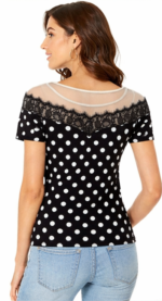 Women’s Black Polka Dot Top with Lace Neck | Stylish Casual Western Top for Women - Image 2