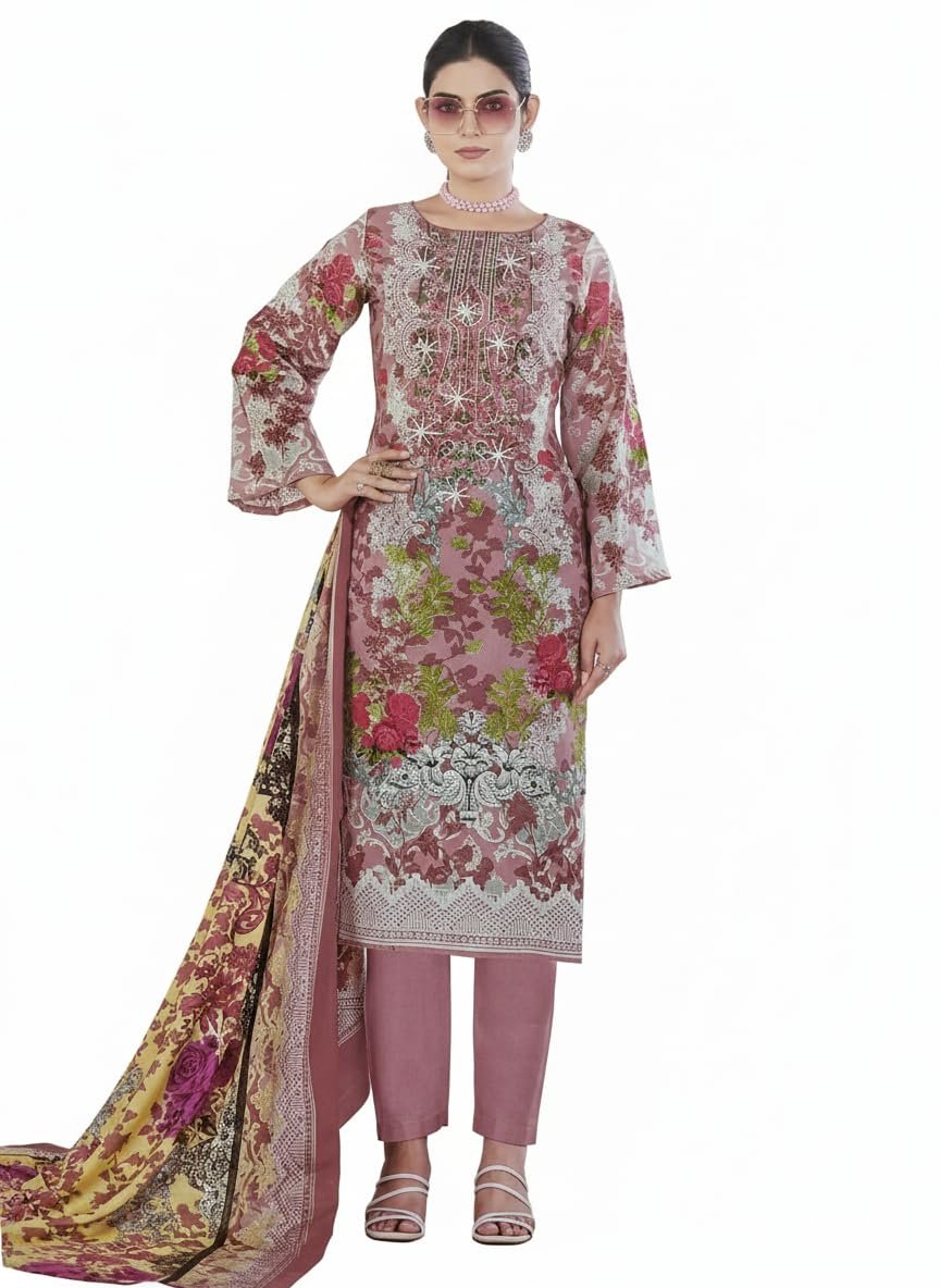 61-BCGjZ1TL-1.jpg Women’s Pink Floral Embroidered Lawn Suit Set – Pakistani Salwar Kameez with Dupatta | 3-Piece Ethnic Wear (Unstitched) - Image 1