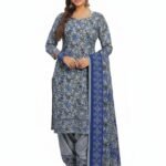 Women’s Cotton Printed Salwar Suit Set – Blue Ethnic Kurta with Pants & Dupatta | Traditional Wear (Unstitched)