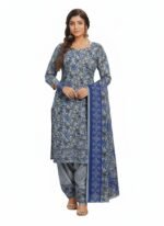 Women’s Cotton Printed Salwar Suit Set – Blue Ethnic Kurta with Pants & Dupatta | Traditional Wear (Unstitched)