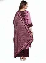 Women’s Printed Salwar Suit Set – Pink & Maroon Floral Embroidered Kurta with Pants & Dupatta | 3-Piece Ethnic Wear (Unstitched) - Image 2