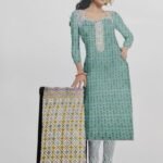 Women’s Teal Green Embroidered Cotton Salwar Suit Material – Paisley Print Kurta with Dupatta | Unstitched Ethnic Dress Material