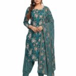 Women’s Teal Floral Print Salwar Suit Set – Long Kurta with Patiala Pants & Dupatta | Traditional Ethnic Wear (Unstitched)