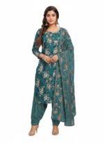 Women’s Teal Floral Print Salwar Suit Set – Long Kurta with Patiala Pants & Dupatta | Traditional Ethnic Wear (Unstitched)