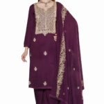 Women’s Purple Embroidered Kashmiri Salwar Suit Set with Dupatta – Gold Embellished Traditional Ethnic Wear (Unstitched)
