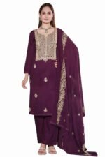 Women’s Purple Embroidered Kashmiri Salwar Suit Set with Dupatta – Gold Embellished Traditional Ethnic Wear (Unstitched)