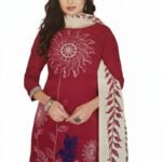 Women’s Red Embroidered Salwar Suit Set – Floral Sun Design Kurta with Dupatta | 3 Piece Unstitched Dress Material