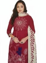 Women’s Red Embroidered Salwar Suit Set – Floral Sun Design Kurta with Dupatta | 3 Piece Unstitched Dress Material