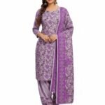 Women’s Purple Floral Printed Salwar Suit Set – Long Sleeve Kurta with Palazzo Pants & Dupatta | Traditional Ethnic Wear (Unstitched)