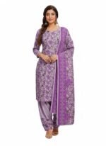 Women’s Purple Floral Printed Salwar Suit Set – Long Sleeve Kurta with Palazzo Pants & Dupatta | Traditional Ethnic Wear (Unstitched)