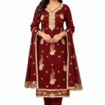 Women Maroon Embroidered Kurta Set with Golden Zari Work – Straight Cut Ethnic Wear with Matching Pants (Unstitched)