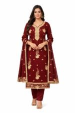Women Maroon Embroidered Kurta Set with Golden Zari Work – Straight Cut Ethnic Wear with Matching Pants (Unstitched)