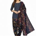 Girls Cotton Printed Salwar Suit Set – Navy Blue Polka Dot Kurta with Floral Patiala Pants & Dupatta | Ethnic Wear (Unstitched – M)