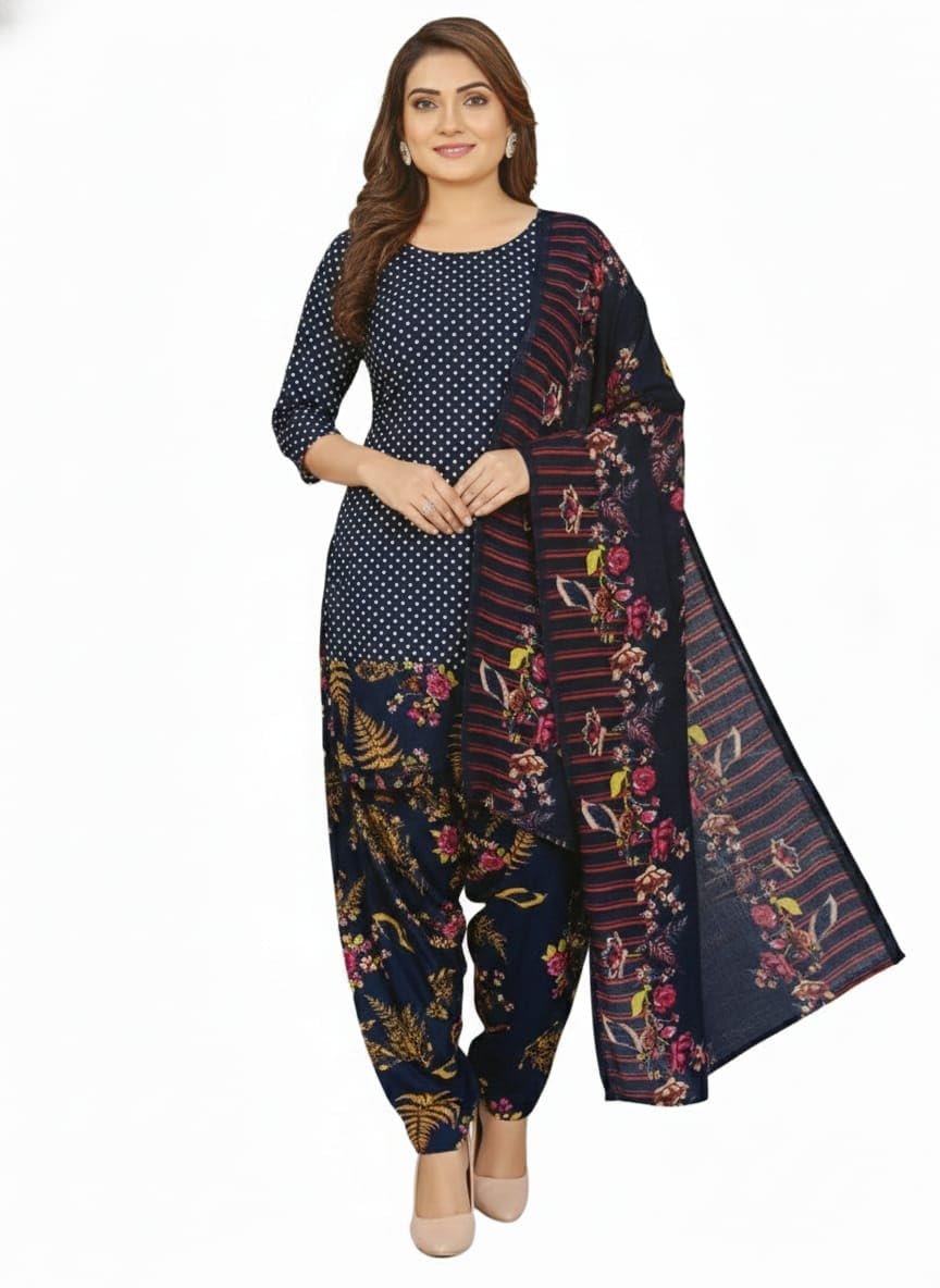 61g1vkwVYfL.jpg Girls Cotton Printed Salwar Suit Set – Navy Blue Polka Dot Kurta with Floral Patiala Pants & Dupatta | Ethnic Wear (Unstitched – M) - Image 1