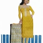 Women’s Yellow Cotton Salwar Suit Set – Printed Kurta with Pant & Embroidered Dupatta | 3-Piece Unstitched Dress Material