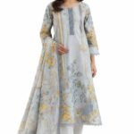 Women's Readymade Dress, Light Blue Floral Printed Long Kurta with Dupatta and Palazzo Set, Embroidered Ethnic Wear (Size - XXL)